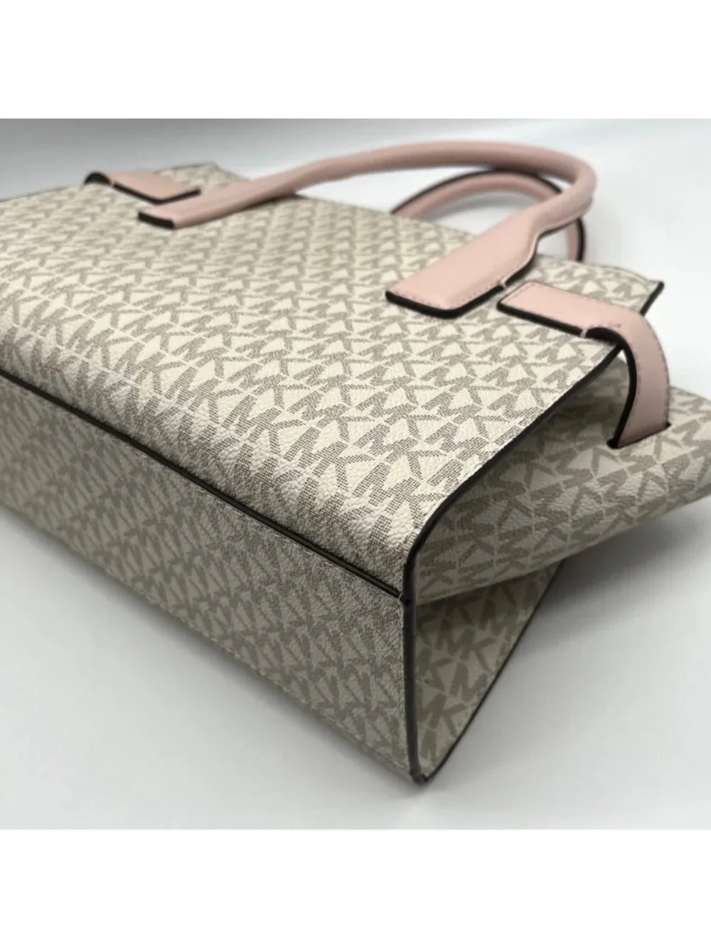 Michael Kors Carmen Vanilla/Powder Blush Signature Canvas Medium Belted Satchel